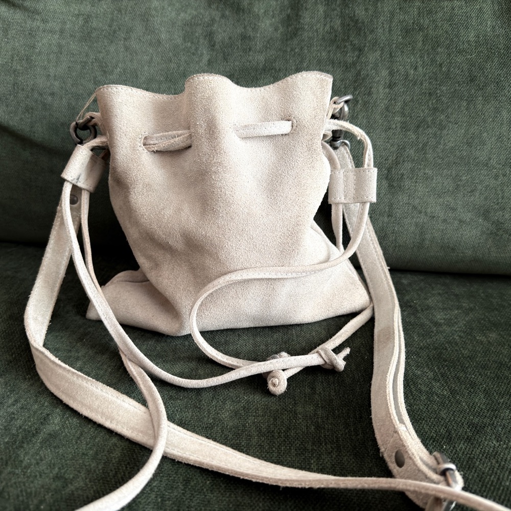 Free People Suede Drawstring Crossbody in Light Gray